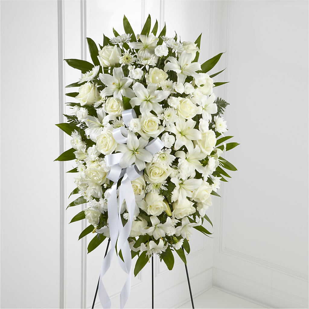 Exquisite Tribute Standing Spray-White Ribbon – Kennewick Flower Shop Inc, Kennewick WA