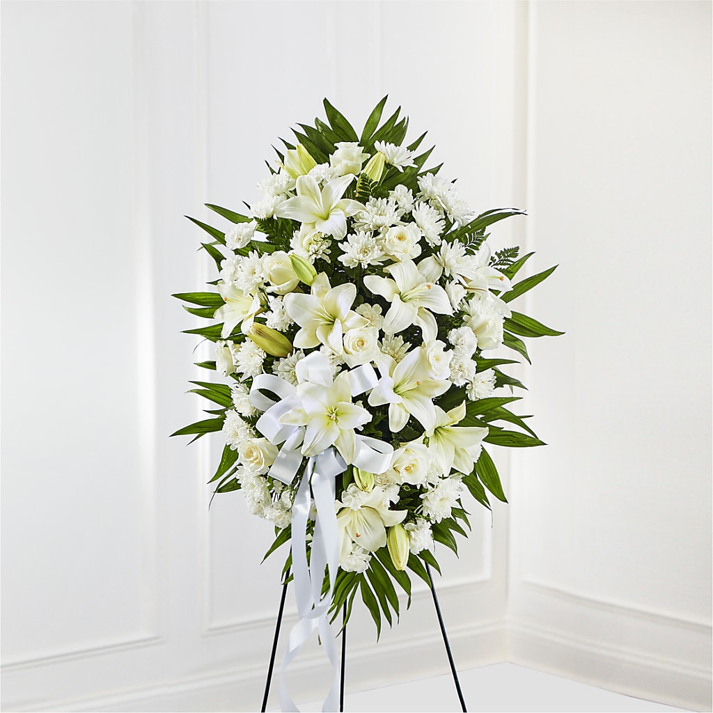 Exquisite Tribute Standing Spray-White Ribbon – Kennewick Flower Shop Inc, Kennewick WA