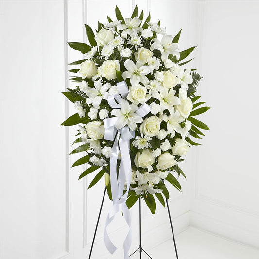 Exquisite Tribute Standing Spray-White Ribbon –  Kennewick Flower Shop Inc, Kennewick WA